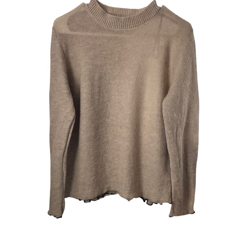 Zara Womens Tan Beige Lettuce Edge Crewneck Sweater Size Large Alpaca‎ Blend
